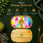 PaintzStories Cycle of Seasons artistic round wooden serving platter styled for elegant dining and table decor