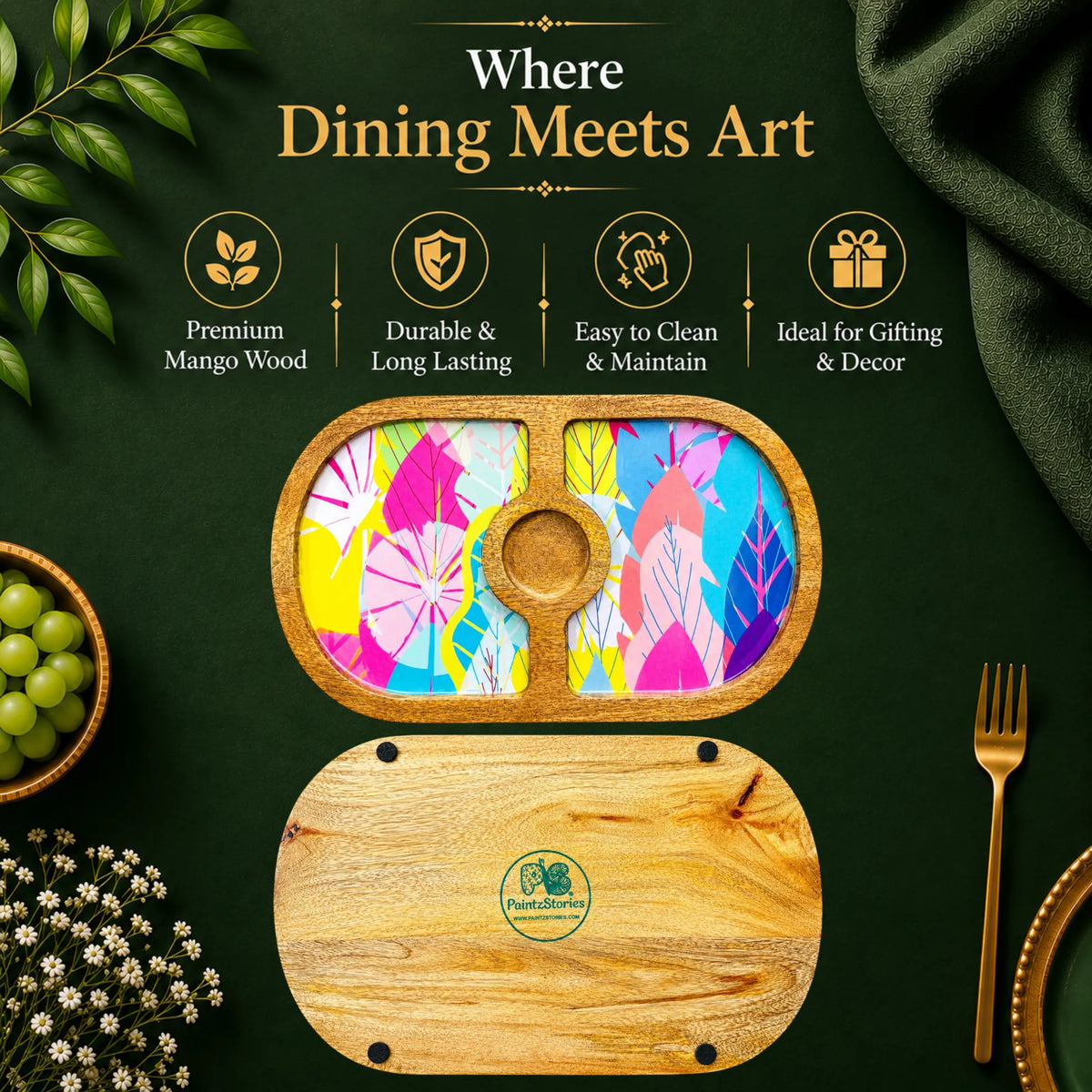 PaintzStories Cycle of Seasons artistic round wooden serving platter styled for elegant dining and table decor