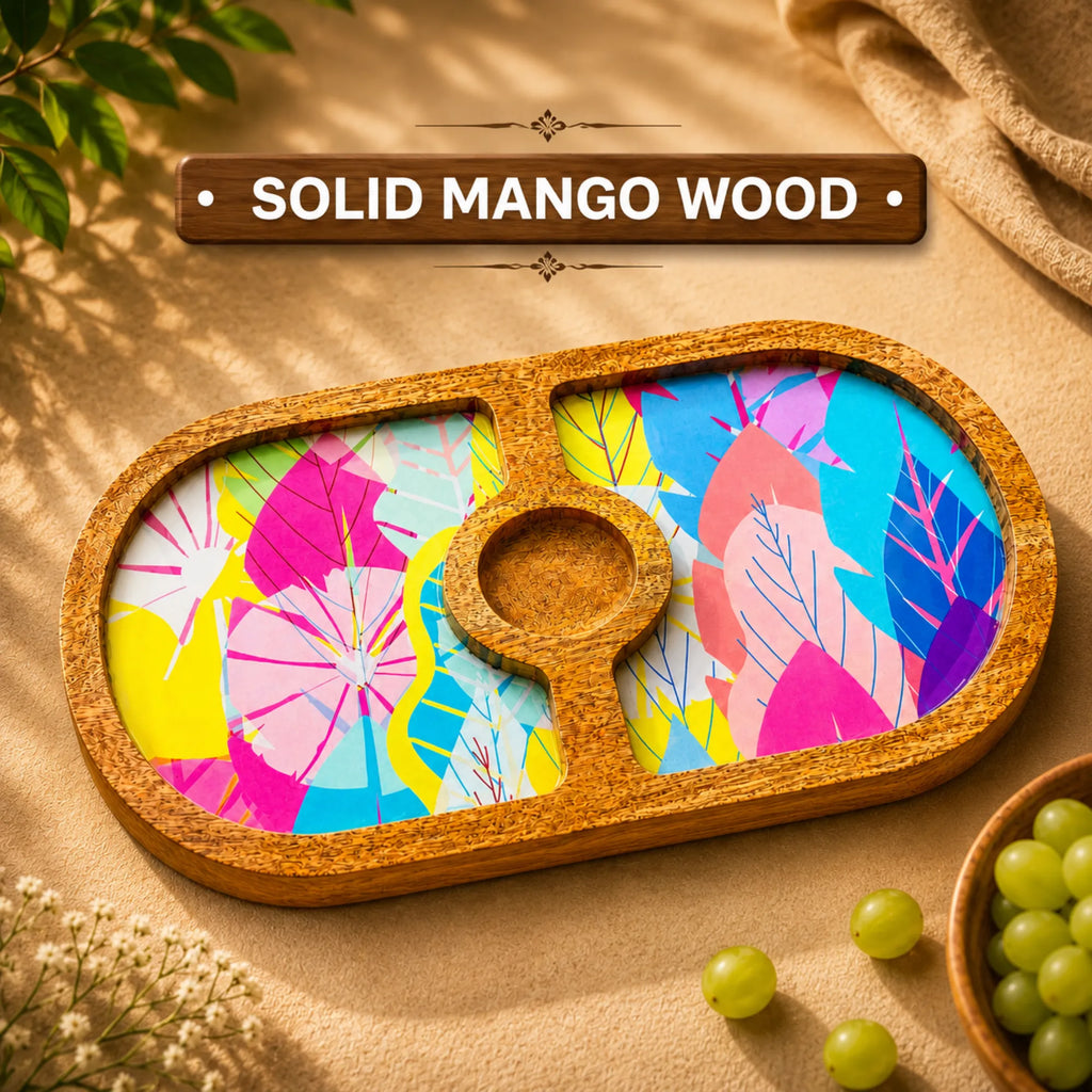 PaintzStories Cycle of Seasons round platter handcrafted from solid mango wood with glossy Meena artwork