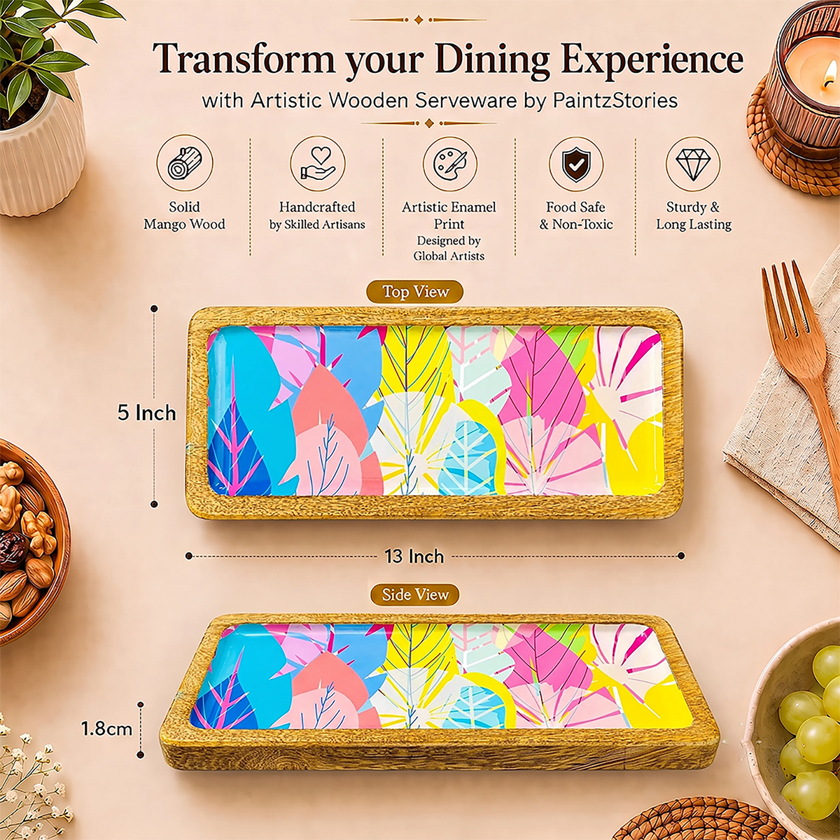 PaintzStories rectangular wooden platter measuring 13 x 5 inch, compact for serving snacks and sides