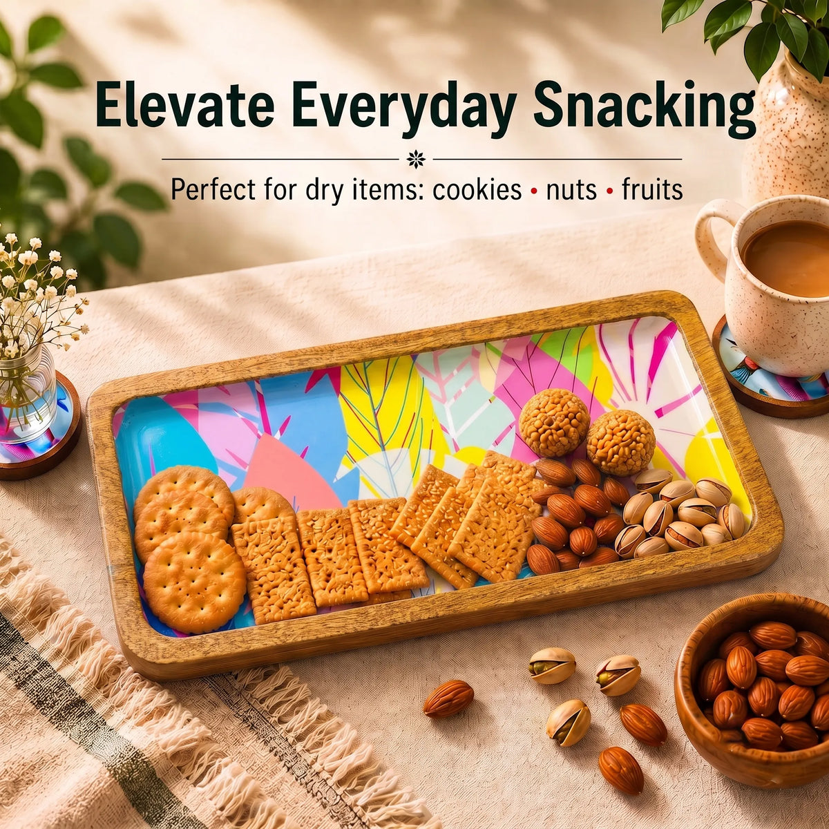 PaintzStories cycle of seasons artwork with spring and autumn leaves designed for serving snacks, starters and small bites