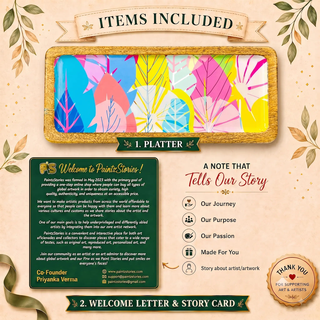 PaintzStories solid mango wood platter, wipe clean with a damp cloth, do not soak, microwave, dishwasher or oven