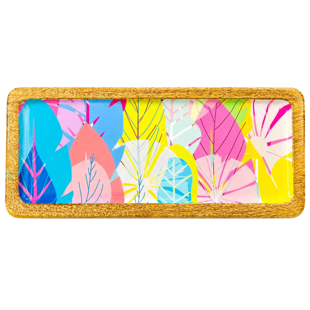 PaintzStories cycle of seasons artwork with spring and autumn leaves on a handcrafted solid mango wood rectangular platter, 13 x 5 inch