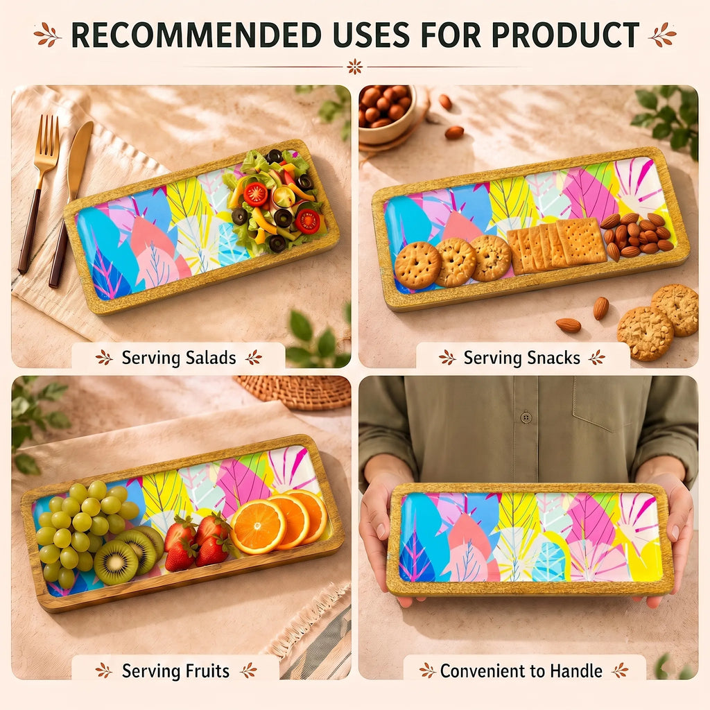 PaintzStories rectangular wooden platter for serving dry snacks, starters, fruits and sides or displaying as table decor