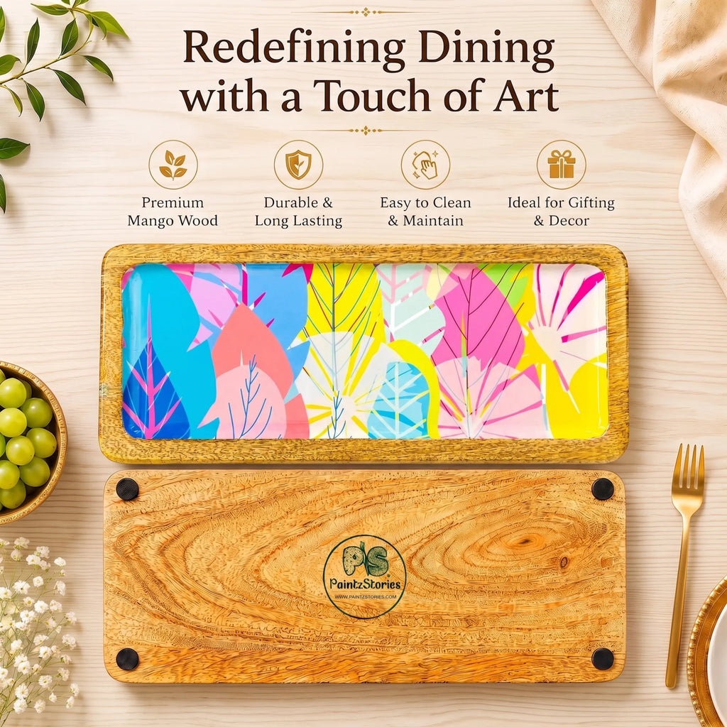 PaintzStories cycle of seasons artwork with spring and autumn leaves on an artistic rectangular wooden platter for elegant dining and table decor