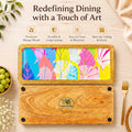 PaintzStories cycle of seasons artwork with spring and autumn leaves on an artistic rectangular wooden platter for elegant dining and table decor
