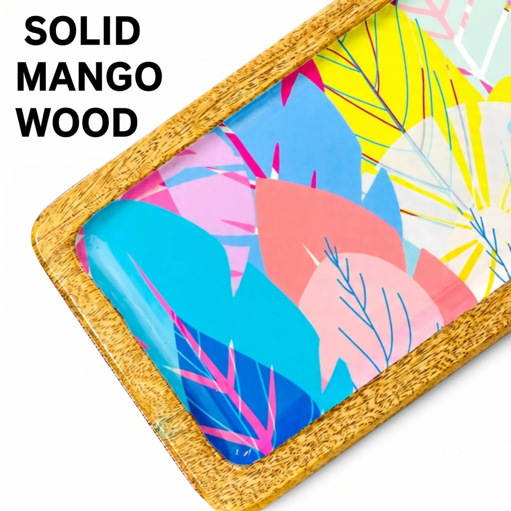 Handcrafted PaintzStories rectangular platter made from solid mango wood with glossy Meena print artwork