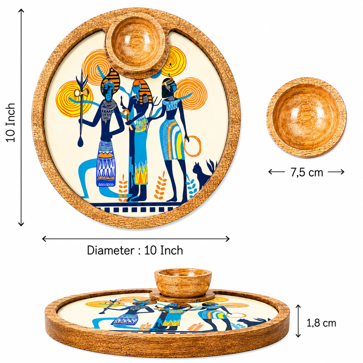 PaintzStories Egyptian Priestess and Warriors circular wooden serving platter with bowl showing 10 x 10 inch platter size and 50 ml bowl