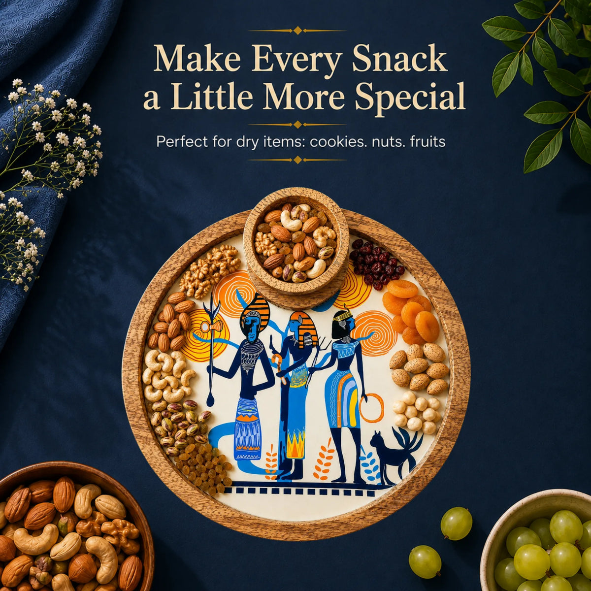 PaintzStories Egyptian Priestess and Warriors circular wooden platter with bowl for serving snacks, starters, fruits and small bites