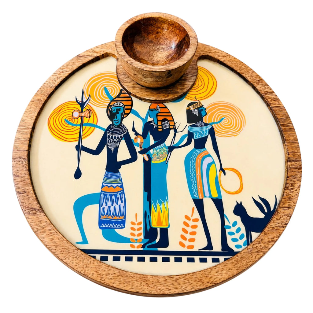 PaintzStories Egyptian Priestess and Warriors circular wooden serving platter with wooden bowl, handcrafted solid mango wood with glossy Meena print, 10 x 10 inch
