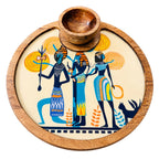 PaintzStories Egyptian Priestess and Warriors circular wooden serving platter with wooden bowl, handcrafted solid mango wood with glossy Meena print, 10 x 10 inch