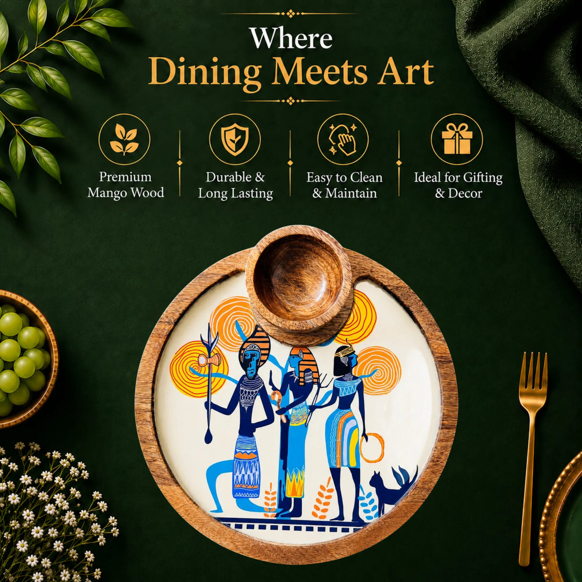 PaintzStories Egyptian Priestess and Warriors artistic circular wooden serving platter with bowl styled for elegant dining and table decor