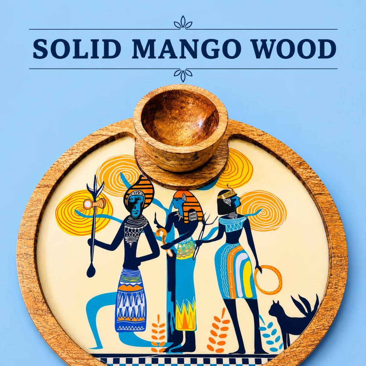 PaintzStories Egyptian Priestess and Warriors circular serving platter handcrafted from solid mango wood with glossy Meena artwork and wooden bowl