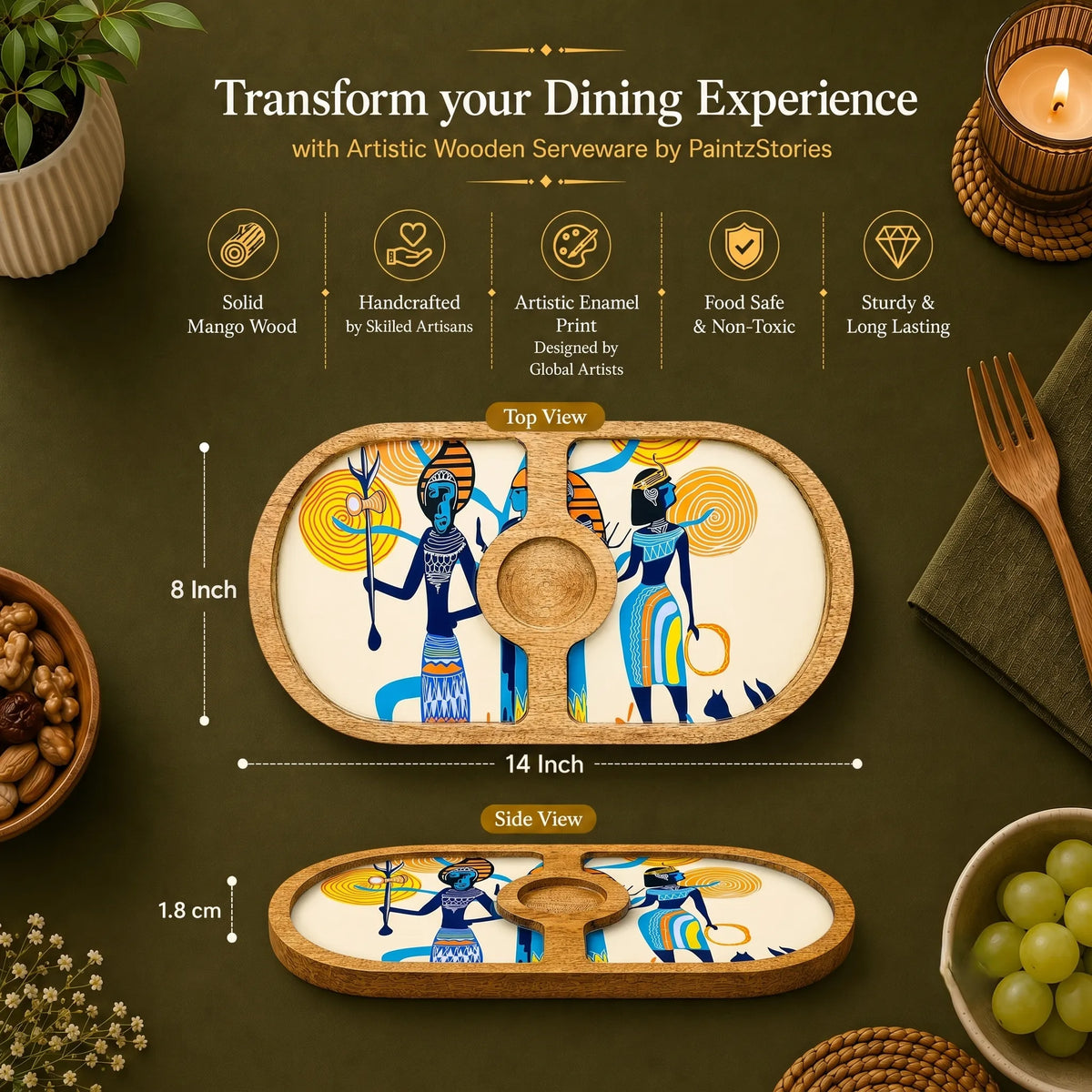 PaintzStories Egyptian Priestess and Warriors round wooden serving platter, 14 x 8 inch size