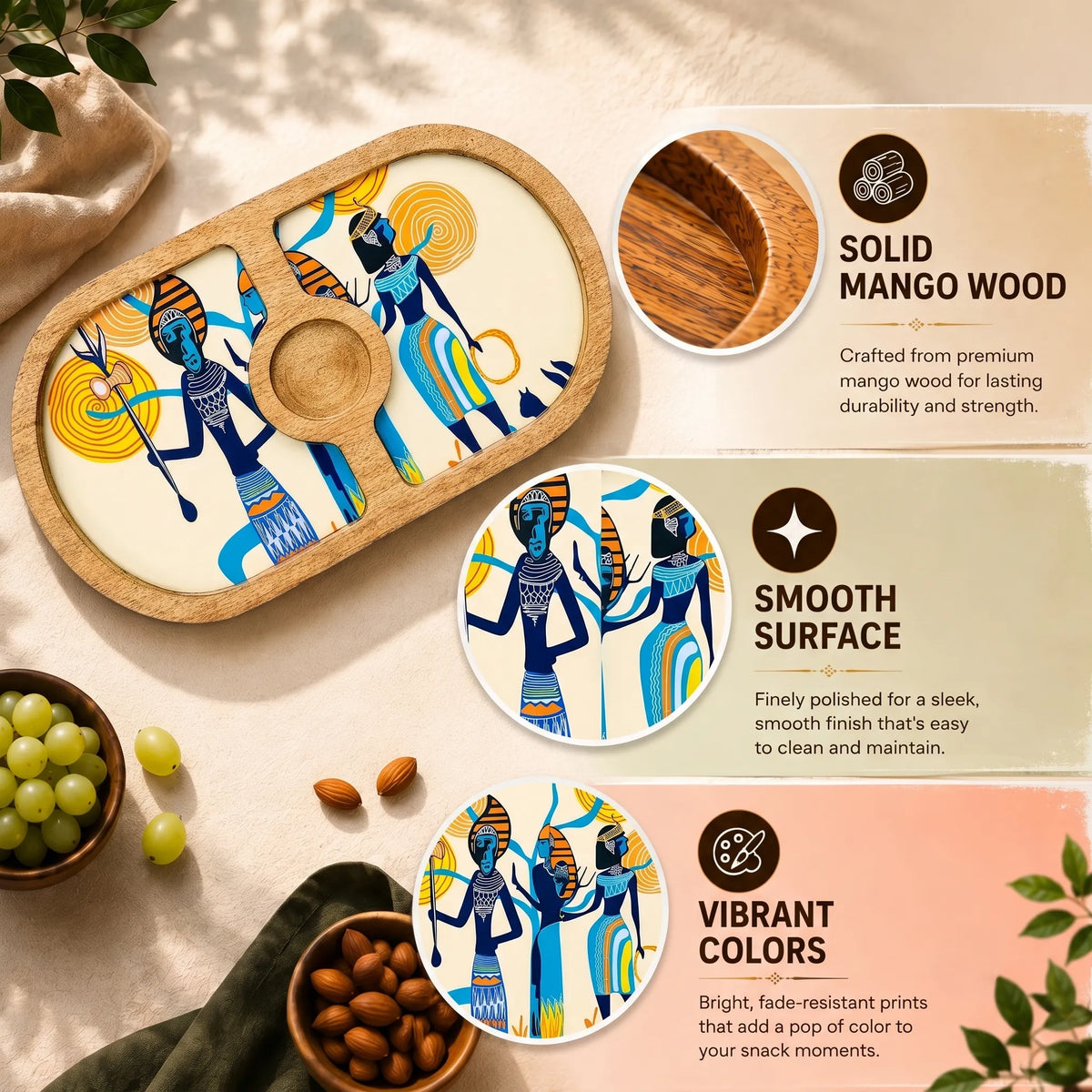 PaintzStories Egyptian Priestess and Warriors round wooden serving platter featuring solid mango wood and glossy Meena print