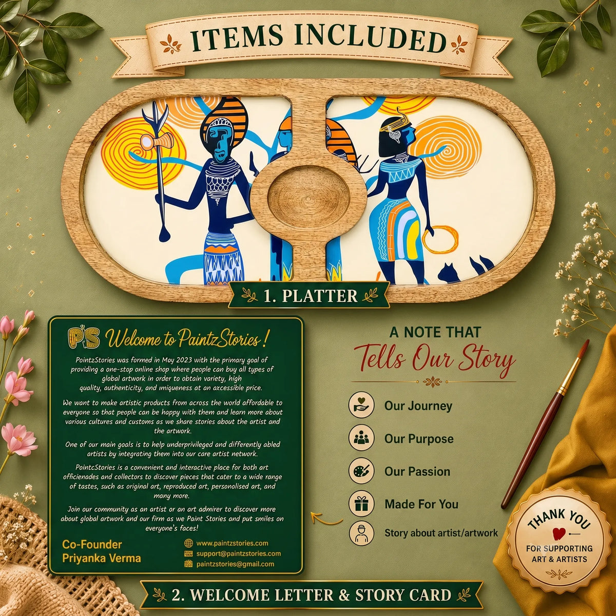PaintzStories Egyptian Priestess and Warriors round wooden platter with PaintzStories Card and Welcome Letter