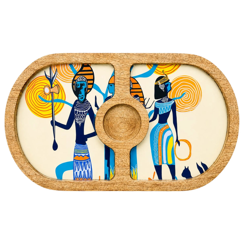 PaintzStories Egyptian Priestess and Warriors round wooden serving platter, handcrafted solid mango wood with glossy Meena print, 14 x 8 inch
