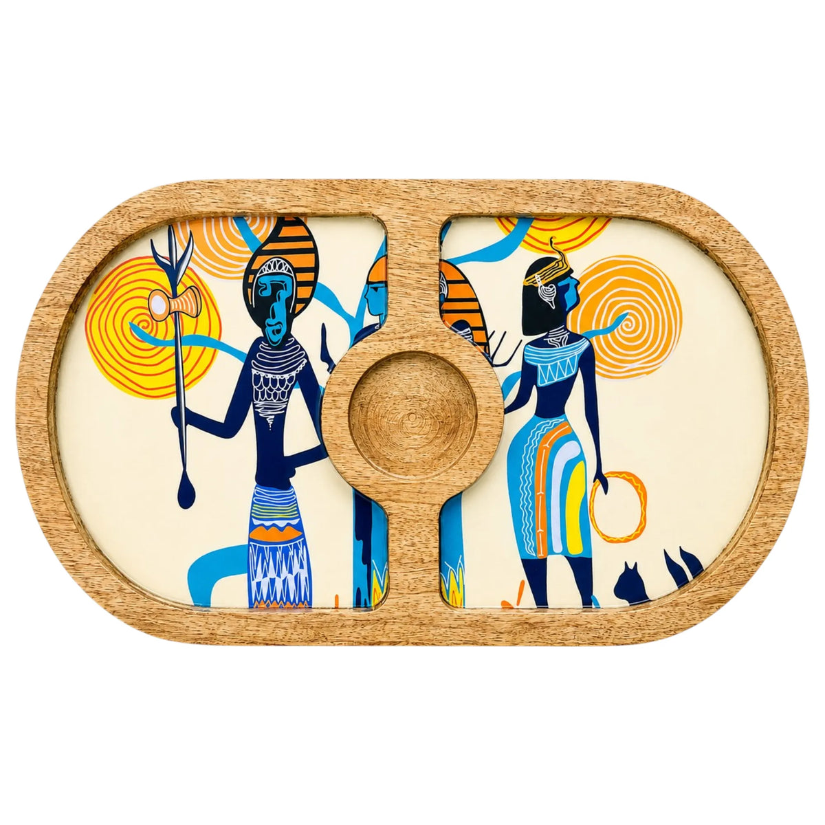PaintzStories Egyptian Priestess and Warriors round wooden serving platter, handcrafted solid mango wood with glossy Meena print, 14 x 8 inch