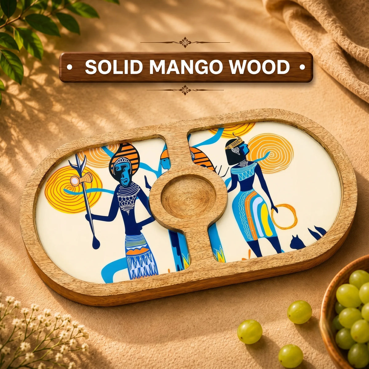 PaintzStories Egyptian Priestess and Warriors round platter handcrafted from solid mango wood with glossy Meena artwork