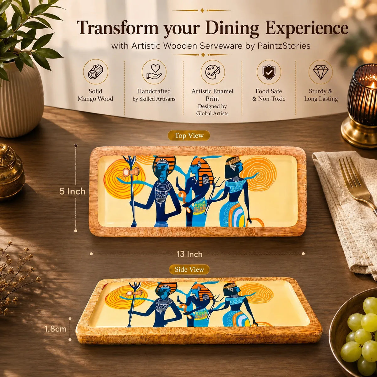 PaintzStories rectangular wooden platter measuring 13 x 5 inch, compact for serving snacks and sides