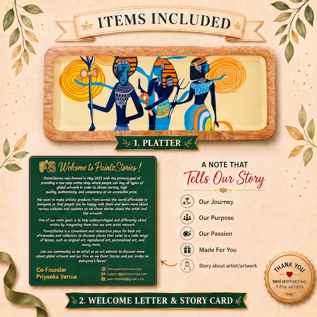 1 PaintzStories wooden rectangular platter, PaintzStories Card and Welcome Letter