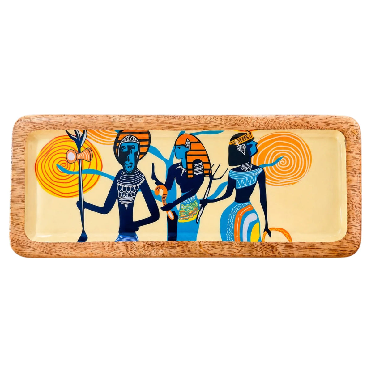 PaintzStories Egyptian priestess and warriors artwork on a handcrafted solid mango wood rectangular platter, 13 x 5 inch