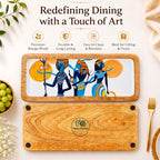 PaintzStories Egyptian priestess and warriors artwork on an artistic rectangular wooden platter for elegant dining and table decor
