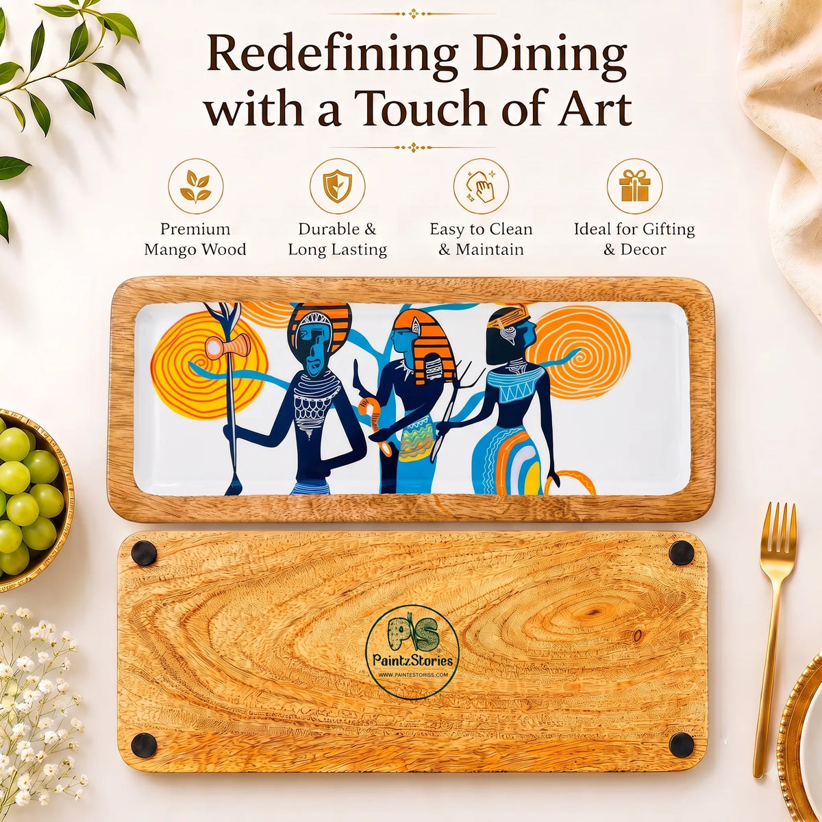 PaintzStories Egyptian priestess and warriors artwork on an artistic rectangular wooden platter for elegant dining and table decor