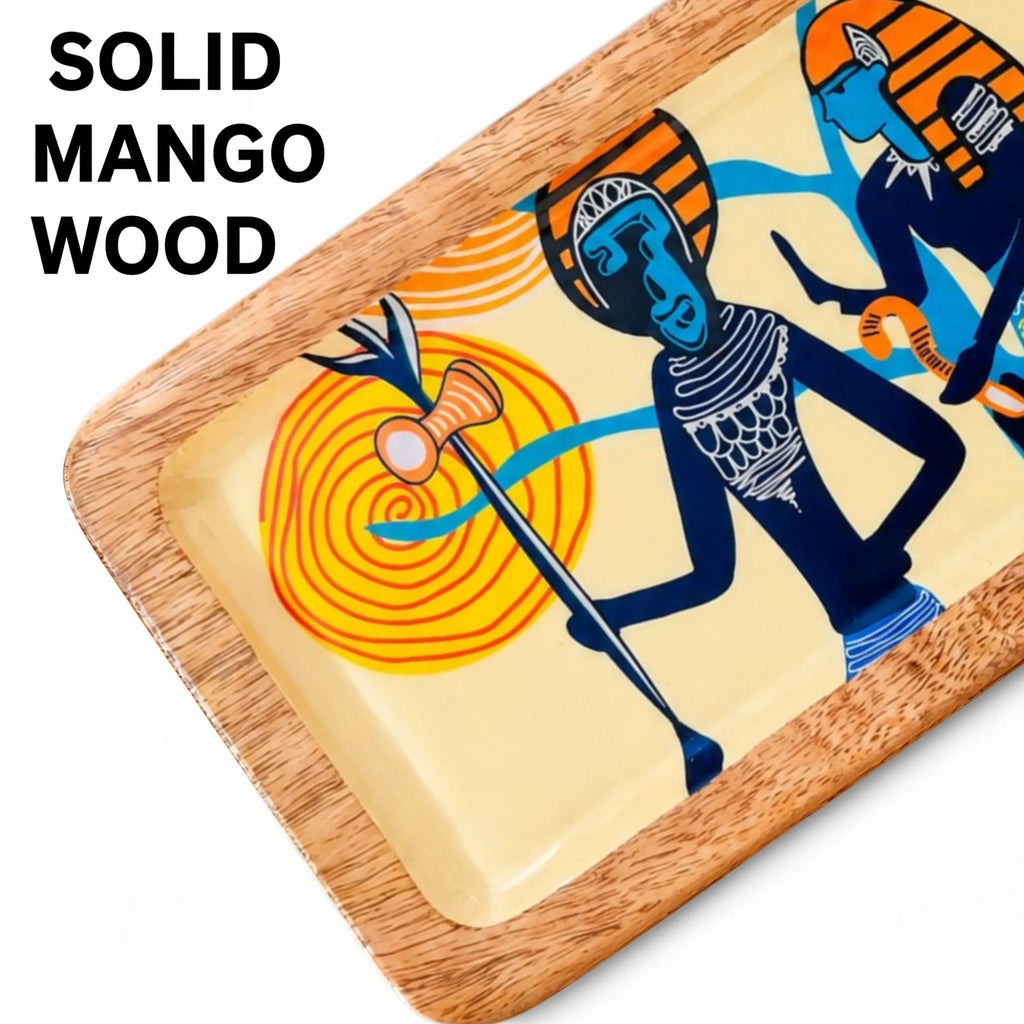 Handcrafted PaintzStories rectangular platter made from solid mango wood with glossy Meena print artwork