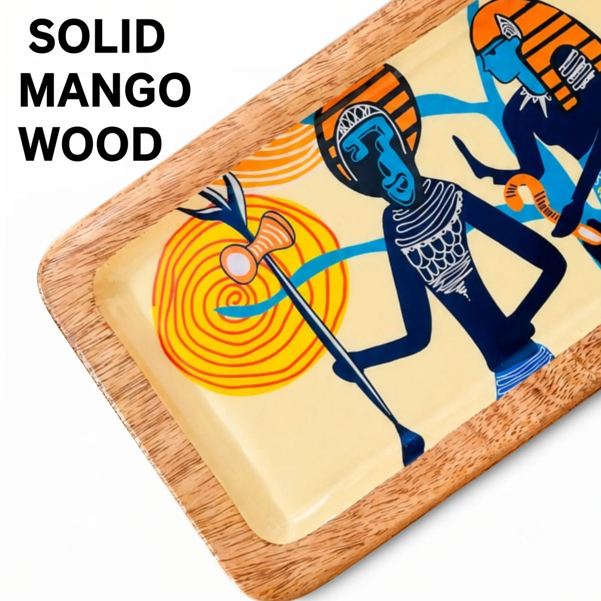 Handcrafted PaintzStories rectangular platter made from solid mango wood with glossy Meena print artwork