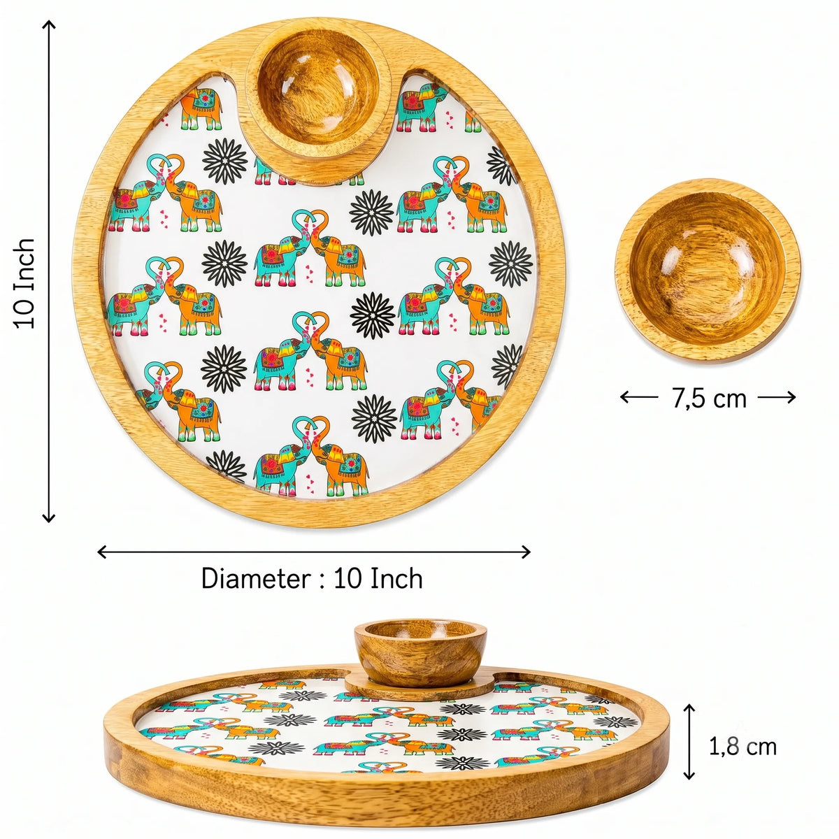 PaintzStories Elephants In Love circular wooden serving platter with bowl showing 10 x 10 inch platter size and 50 ml bowl
