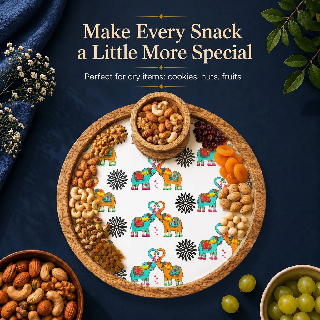 PaintzStories Elephants In Love circular wooden platter with bowl for serving snacks, starters, fruits and small bites