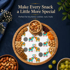 PaintzStories Elephants In Love circular wooden platter with bowl for serving snacks, starters, fruits and small bites