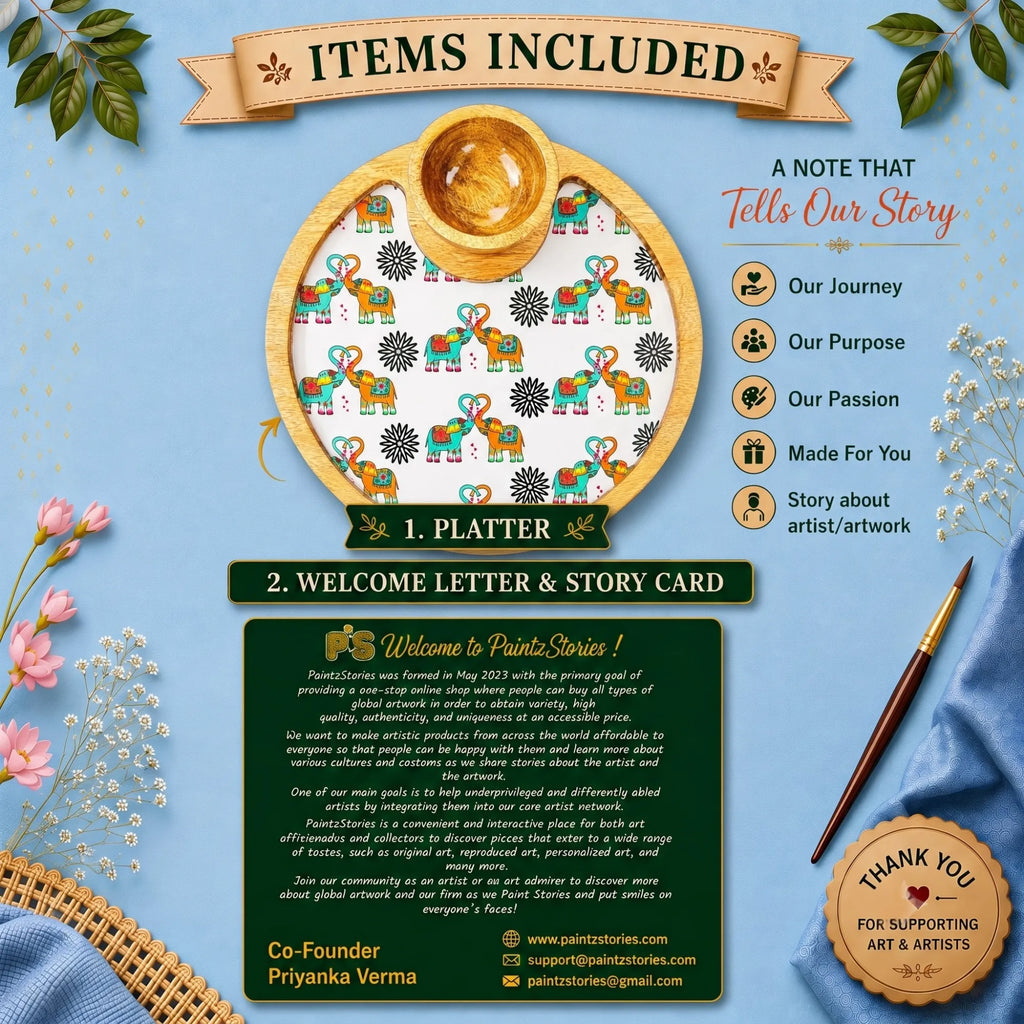 PaintzStories Elephants In Love circular wooden serving platter with 50 ml wooden bowl, PaintzStories Card and Welcome Letter included