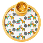 PaintzStories Elephants In Love circular wooden serving platter with wooden bowl, handcrafted solid mango wood with glossy Meena print, 10 x 10 inch