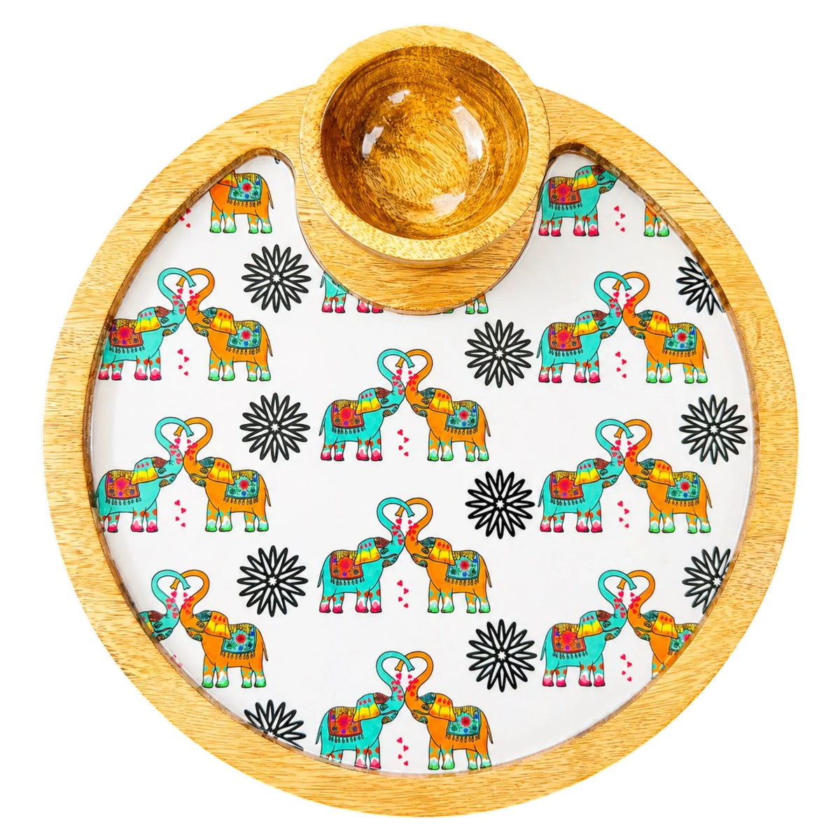 PaintzStories Elephants In Love circular wooden serving platter with wooden bowl, handcrafted solid mango wood with glossy Meena print, 10 x 10 inch