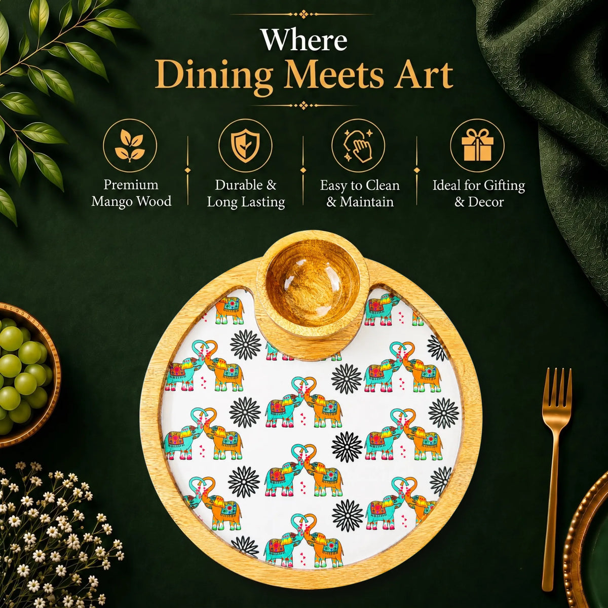 PaintzStories Elephants In Love artistic circular wooden serving platter with bowl styled for elegant dining and table decor