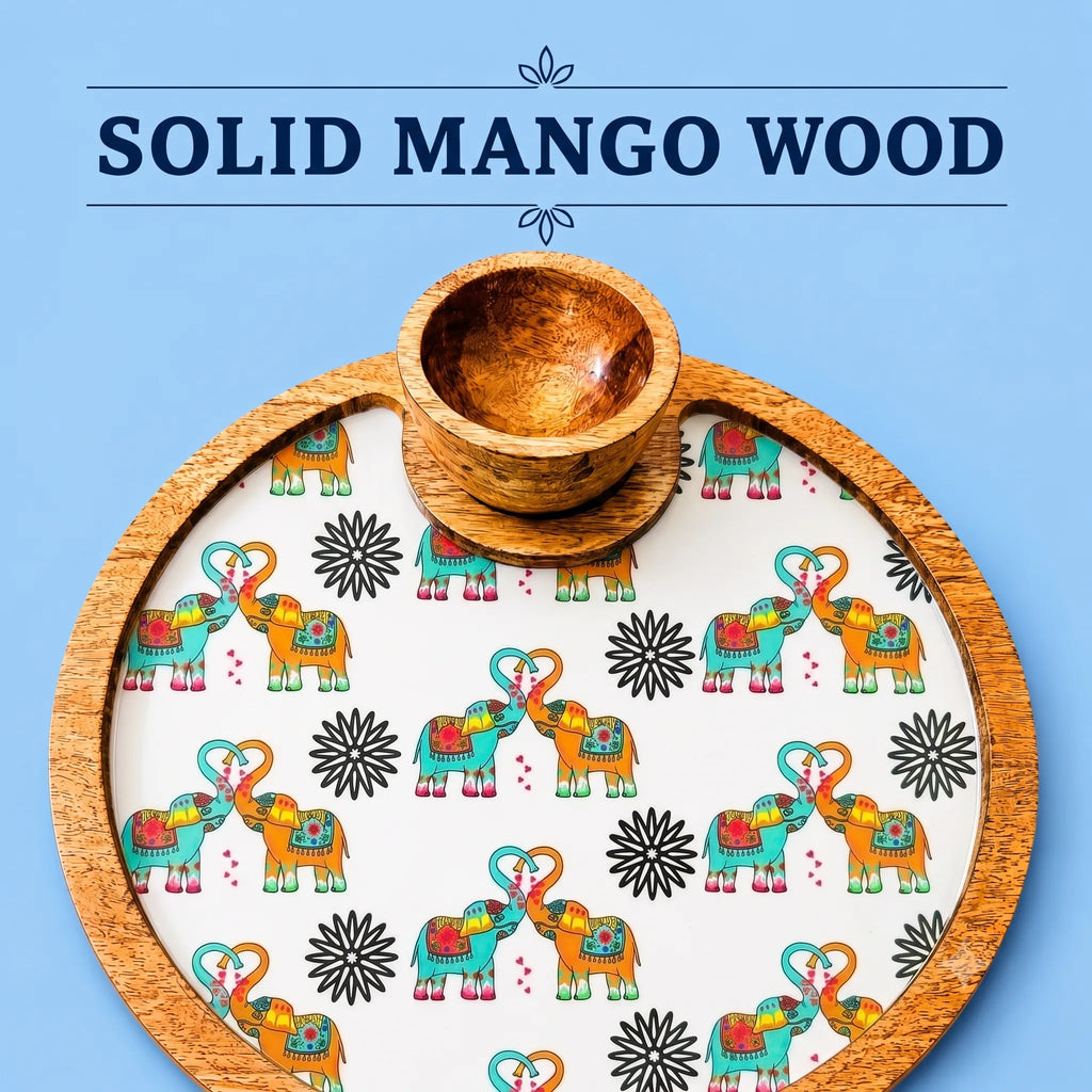 PaintzStories Elephants In Love circular serving platter handcrafted from solid mango wood with glossy Meena artwork and wooden bowl