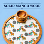 PaintzStories Elephants In Love circular serving platter handcrafted from solid mango wood with glossy Meena artwork and wooden bowl