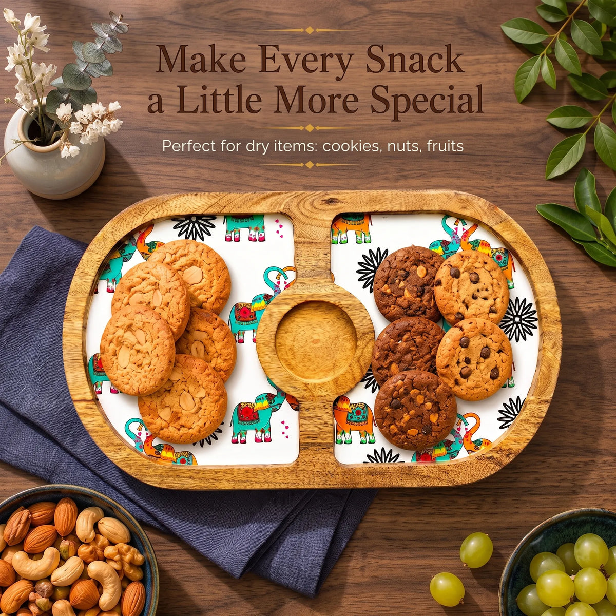 PaintzStories Elephants In Love round wooden platter for serving snacks, starters, fruits and small bites