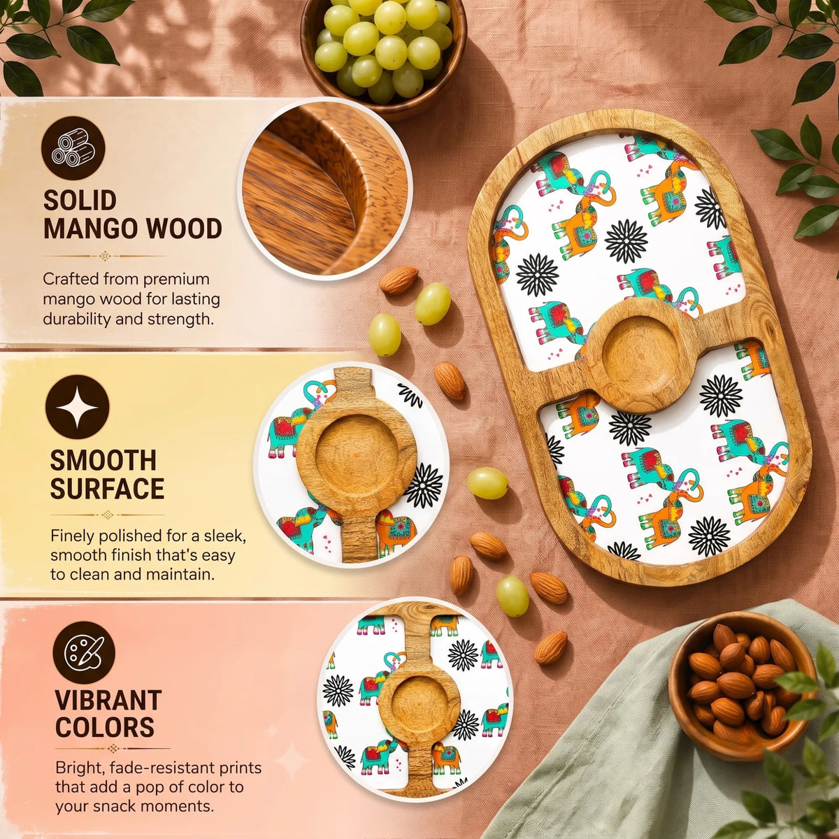 PaintzStories Elephants In Love round wooden serving platter featuring solid mango wood and glossy Meena print