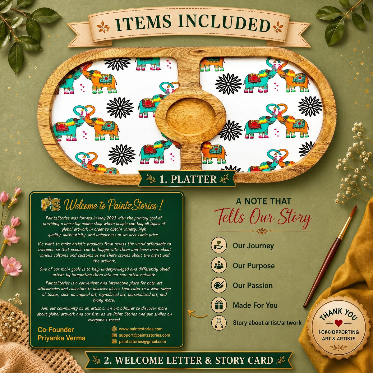 PaintzStories Elephants In Love round wooden platter with PaintzStories Card and Welcome Letter