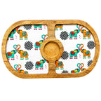 PaintzStories Elephants In Love round wooden serving platter, handcrafted solid mango wood with glossy Meena print, 14 x 8 inch
