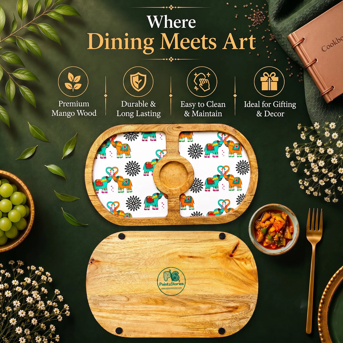 PaintzStories Elephants In Love artistic round wooden serving platter styled for elegant dining and table decor