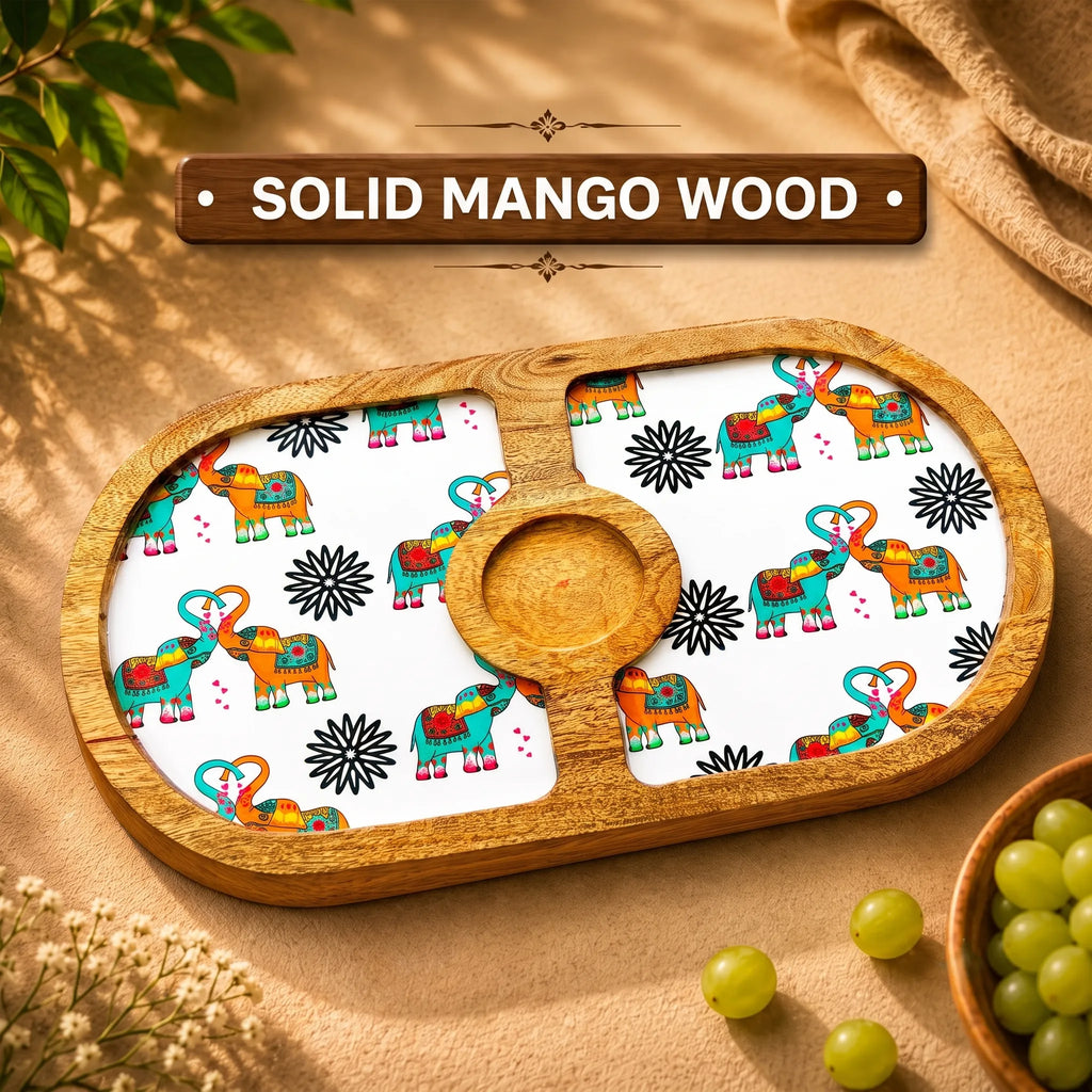 PaintzStories Elephants In Love round platter handcrafted from solid mango wood with glossy Meena artwork