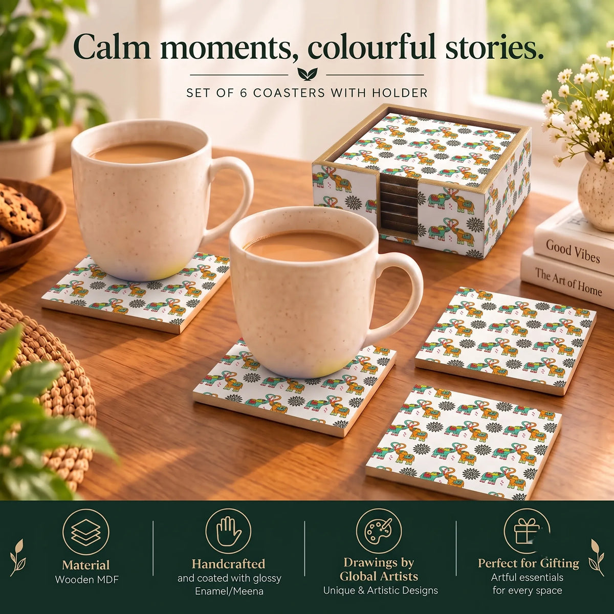 PaintzStories Elephants In Love decorative wooden coasters for home decor