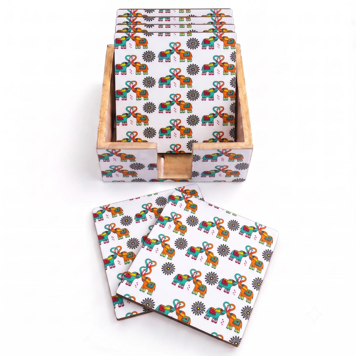 PaintzStories Elephants In Love artistic wooden coasters set of 6 with holder