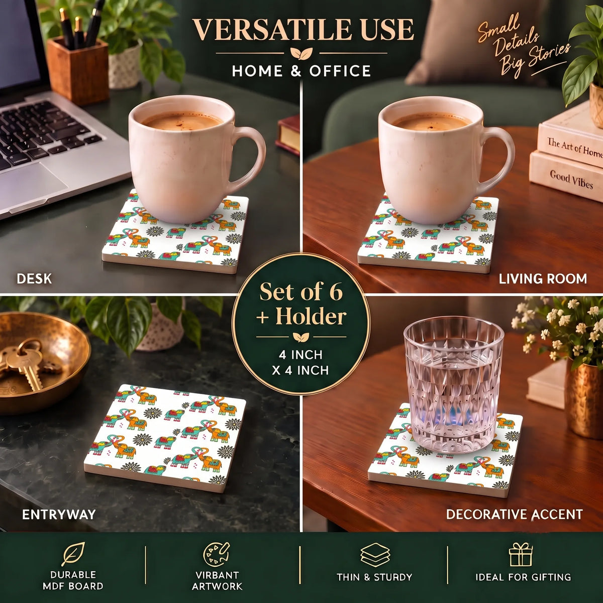 PaintzStories Elephants In Love wooden coasters for dining table and everyday use