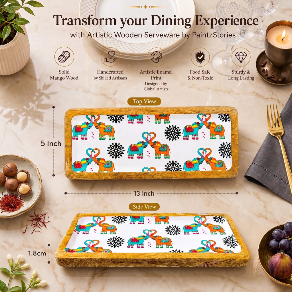 PaintzStories rectangular wooden platter measuring 13 x 5 inch, compact for serving snacks and sides