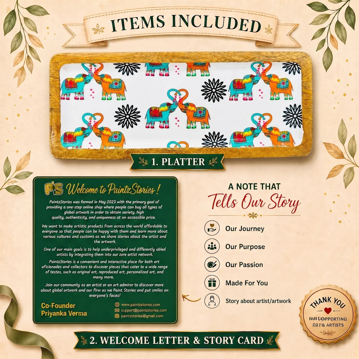 1 PaintzStories wooden rectangular platter, PaintzStories Card and Welcome Letter